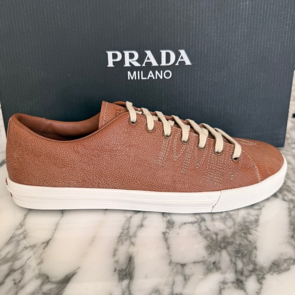 Prada Milano 2EE448 Mens Brown Pebbled Leather Low Top Sneakers, UK 7.5 main image 15